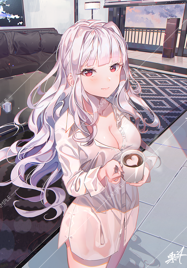 1girl bangs breasts cleavage closed_mouth clouds cloudy_sky collarbone collared_shirt commentary_request couch cup curtains dress_shirt eyebrows_visible_through_hair heart holding holding_cup idolmaster indoors kuri_choko long_hair long_sleeves looking_at_viewer medium_breasts mug naked_shirt red_eyes sample shijou_takane shirt signature silver_hair sky smile solo steam table very_long_hair white_shirt window