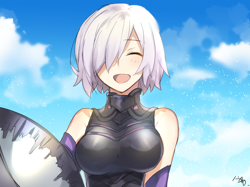 1girl bare_shoulders blue_sky blush bodysuit breasts closed_eyes clouds elbow_gloves fate/grand_order fate_(series) gloves hair_over_one_eye large_breasts mash_kyrielight nikame purple_hair short_hair sky smile solo