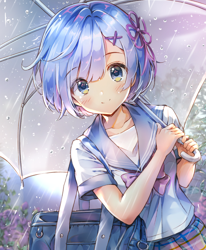 1girl alternate_costume bag blue_eyes blue_hair blue_sailor_collar blue_skirt blush bow bowtie closed_mouth collarbone hair_ornament holding holding_umbrella looking_at_viewer melings_(aot2846) plaid plaid_skirt pleated_skirt purple_neckwear rain re:zero_kara_hajimeru_isekai_seikatsu rem_(re:zero) revision sailor_collar school_bag school_uniform serafuku shirt short_hair short_sleeves sidelocks skirt smile solo transparent transparent_umbrella umbrella water white_shirt x_hair_ornament