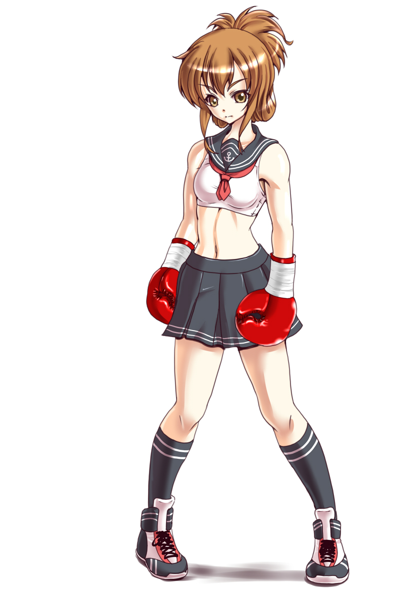 1girl adapted_uniform boxing_gloves brown_hair folded_ponytail gloves inazuma_(kantai_collection) kantai_collection midriff navel rigid rigidsteed shoes short_hair sneakers socks solo sports_bra stomach tank_top toned