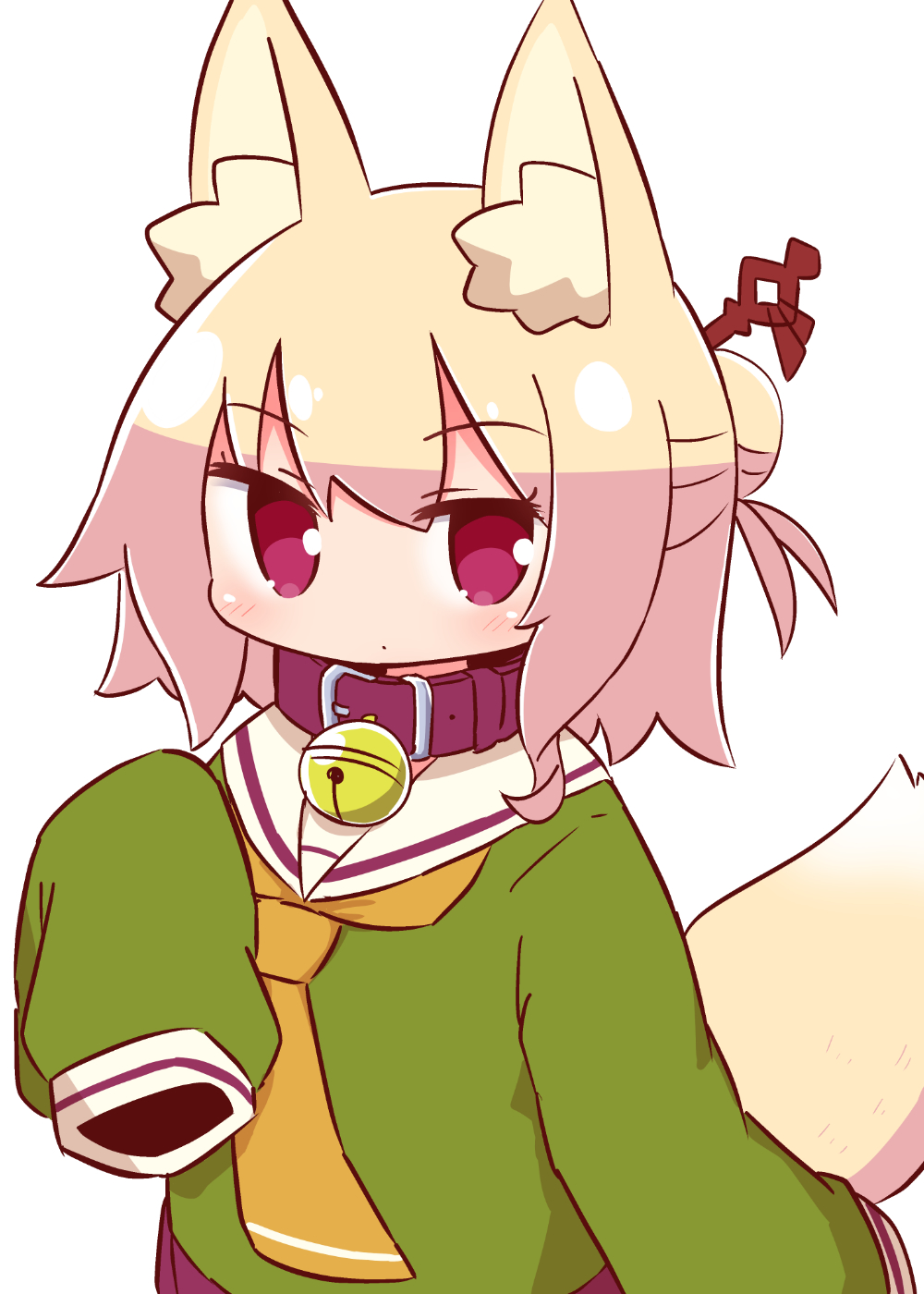 1girl animal_ear_fluff animal_ears bangs bell bell_collar blonde_hair blush brown_collar brown_neckwear closed_mouth collar eyebrows_visible_through_hair fox_ears fox_girl fox_tail green_shirt hair_between_eyes hair_bun hair_ornament hand_up highres jingle_bell kemomimi-chan_(naga_u) long_hair long_sleeves naga_u original pleated_skirt purple_skirt red_eyes sailor_collar shirt sidelocks simple_background skirt sleeves_past_fingers sleeves_past_wrists solo tail tail_raised white_background white_sailor_collar