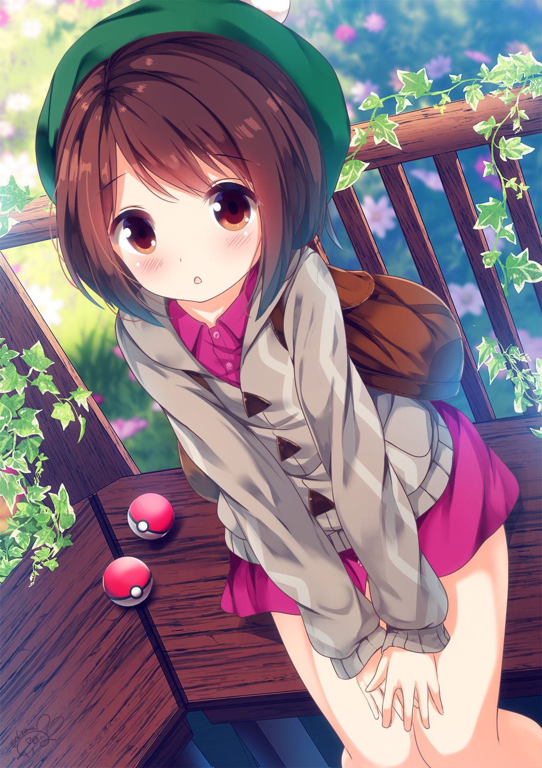 1girl :o backpack bag blush brown_eyes brown_hair cardigan chinomaron creatures_(company) eyebrows_visible_through_hair female_protagonist_(pokemon_swsh) game_freak green_headwear grey_cardigan highres looking_at_viewer nintendo poke_ball pokemon pokemon_(game) pokemon_swsh red_skirt short_hair sitting skirt solo tam_o'_shanter