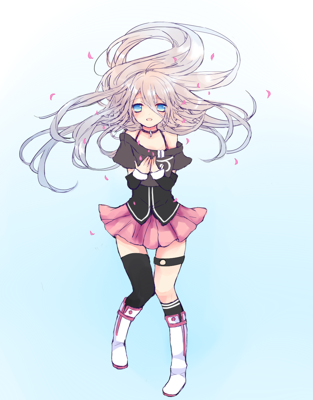 1girl :d ahoge asymmetrical_legwear black_choker blue_background blue_eyes boots choker crop_top eyebrows_visible_through_hair floating_hair full_body gradient gradient_background grey_shirt hair_between_eyes hands_together happy highres ia_(vocaloid) knee_boots kneehighs knees_together_feet_apart long_hair long_sleeves looking_at_viewer open_mouth petals pink_skirt pleated_skirt shirt short_over_long_sleeves short_sleeves silver_hair single_kneehigh single_thighhigh sio_pure skirt smile solo spaghetti_strap standing string_choker thigh-highs thigh_strap very_long_hair vocaloid white_legwear