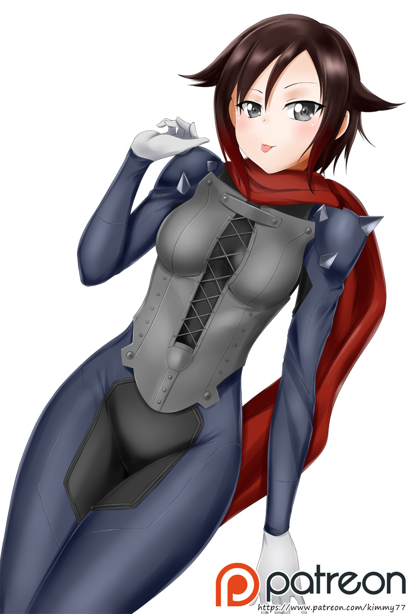 1girl :p alfred_cullado asymmetrical_hair blue_bodysuit blush bodysuit breasts brown_hair corset cosplay dutch_angle gloves gradient_hair grey_eyes hair_between_eyes highres long_sleeves looking_at_viewer medium_breasts multicolored_hair niijima_makoto niijima_makoto_(cosplay) patreon_logo persona persona_5 redhead ruby_rose rwby short_hair simple_background solo standing tongue tongue_out two-tone_hair watermark white_background white_gloves