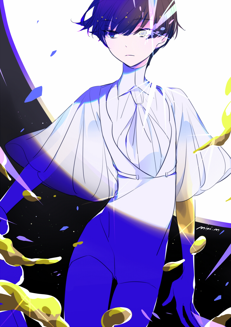 1other androgynous artist_name bangs blue_eyes blue_hair blunt_bangs glowing glowing_eye gold golden_arms heterochromia houseki_no_kuni minim_(nnininn) necktie phosphophyllite phosphophyllite_(ll) see-through_sleeves short_hair solo spoilers white_eyes