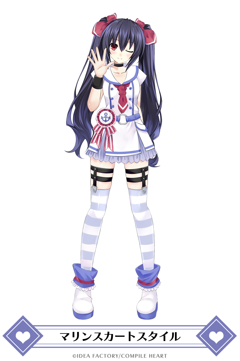 1girl alternate_costume black_hair blue_sailor_collar blue_skirt blush breasts game_cg hair_ornament highres long_hair looking_at_viewer mainichi_compile_heart neckerchief necktie neptune_(series) noire official_art one_eye_closed pleated_skirt red_eyes red_neckwear ribbon sailor_collar skirt solo striped striped_legwear tsunako twintails white_background