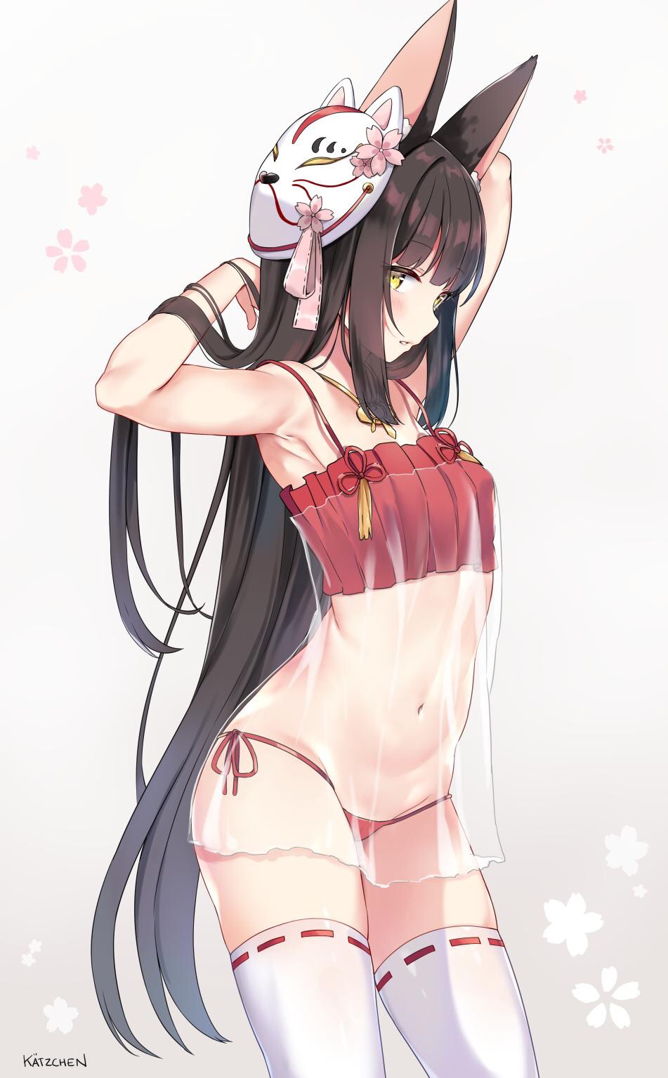 1girl animal_ears armpit_crease armpits arms_behind_head arms_up artist_name azur_lane bangs black_hair blush breasts camisole commentary_request floral_background fox_ears fox_mask hair_lift highres hime_cut jewelry kaetzchen lingerie long_hair mask midriff nagato_(azur_lane) navel necklace negligee panties red_panties ribbon-trimmed_legwear ribbon_trim see-through side-tie_panties sidelocks signature skindentation small_breasts solo spaghetti_strap stomach straight_hair tareme thigh-highs underwear very_long_hair yellow_eyes
