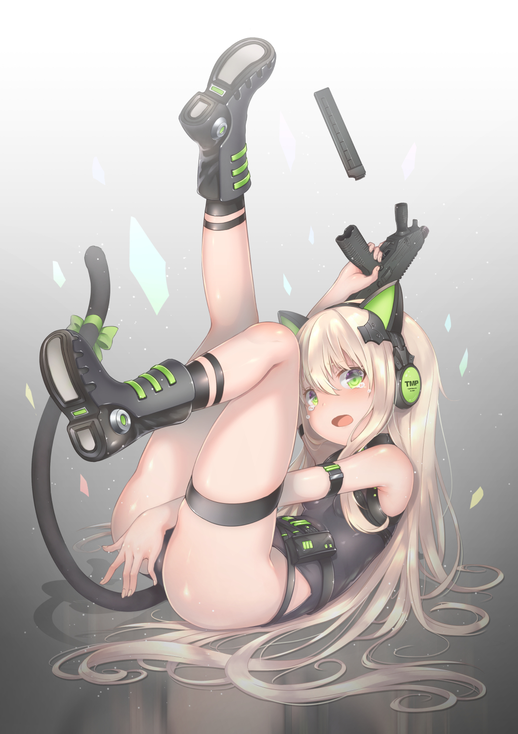 1girl animal_ears bangs blonde_hair blush bow breasts cat_ear_headphones cat_ears cat_tail eyebrows_visible_through_hair girls_frontline gloves green_eyes gun hair_between_eyes headphones highres holding holding_gun holding_weapon leotard long_hair looking_at_viewer sidelocks simple_background solo steyr_tmp submachine_gun tail tearing_up thigh_strap tmp_(girls_frontline) very_long_hair weapon yaosera