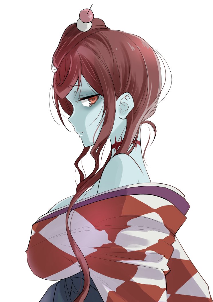 argyle_kimono blue_skin breasts brown_hair dango_hair_ornament food_themed_hair_ornament hair_ornament large_breasts long_hair neck_scar ooshima_tomo red_eyes yuugiri_(zombie_land_saga) zombie zombie_land_saga