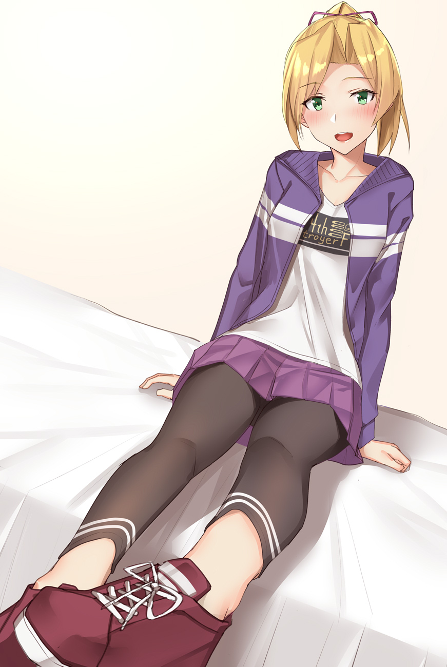 1girl :d alternate_costume arm_support bangs bed black_pants blonde_hair blush casual clothes_writing commentary_request dutch_angle foreshortening green_eyes hair_ribbon highres jacket kantai_collection long_hair long_sleeves looking_at_viewer maikaze_(kantai_collection) miniskirt on_bed open_clothes open_jacket open_mouth pallad pants pants_under_skirt parted_bangs pleated_skirt ponytail purple_jacket purple_skirt red_footwear ribbon shadow shirt shoes sitting skirt smile sneakers solo white_shirt