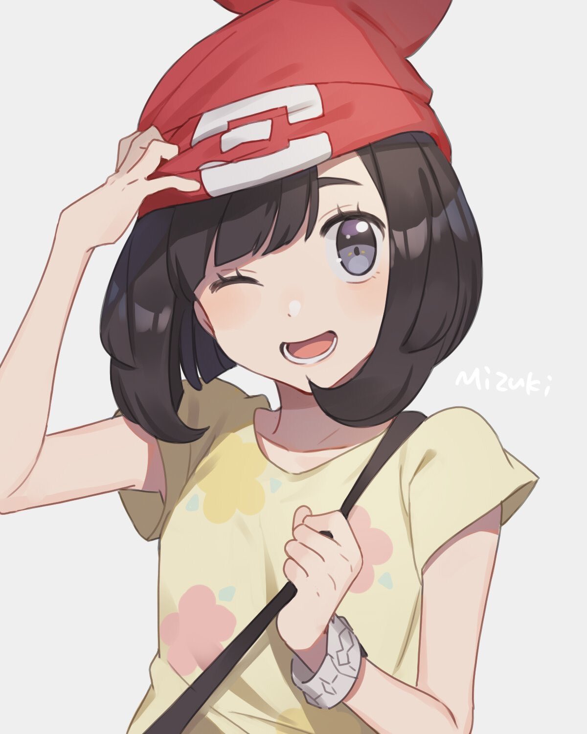 1girl beanie black_hair character_name creatures_(company) game_freak grey_background hand_on_headwear hat highres mizuki_(pokemon) nintendo one_eye_closed open_mouth pokemon pokemon_(game) pokemon_sm red_headwear short_hair short_sleeves simple_background solo unapoppo upper_body z-ring