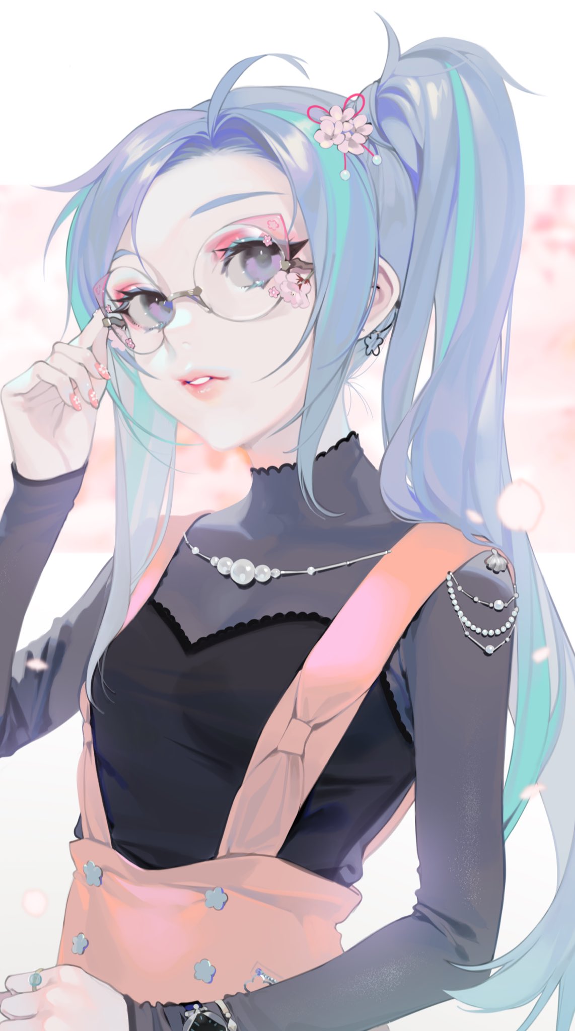 1girl adjusting_eyewear blue_hair glasses hair_ornament highres jewelry long_hair long_sleeves nail_art nail_polish ohisashiburi parted_lips ring shining_star solo teeth upper_body violet_eyes watch watch