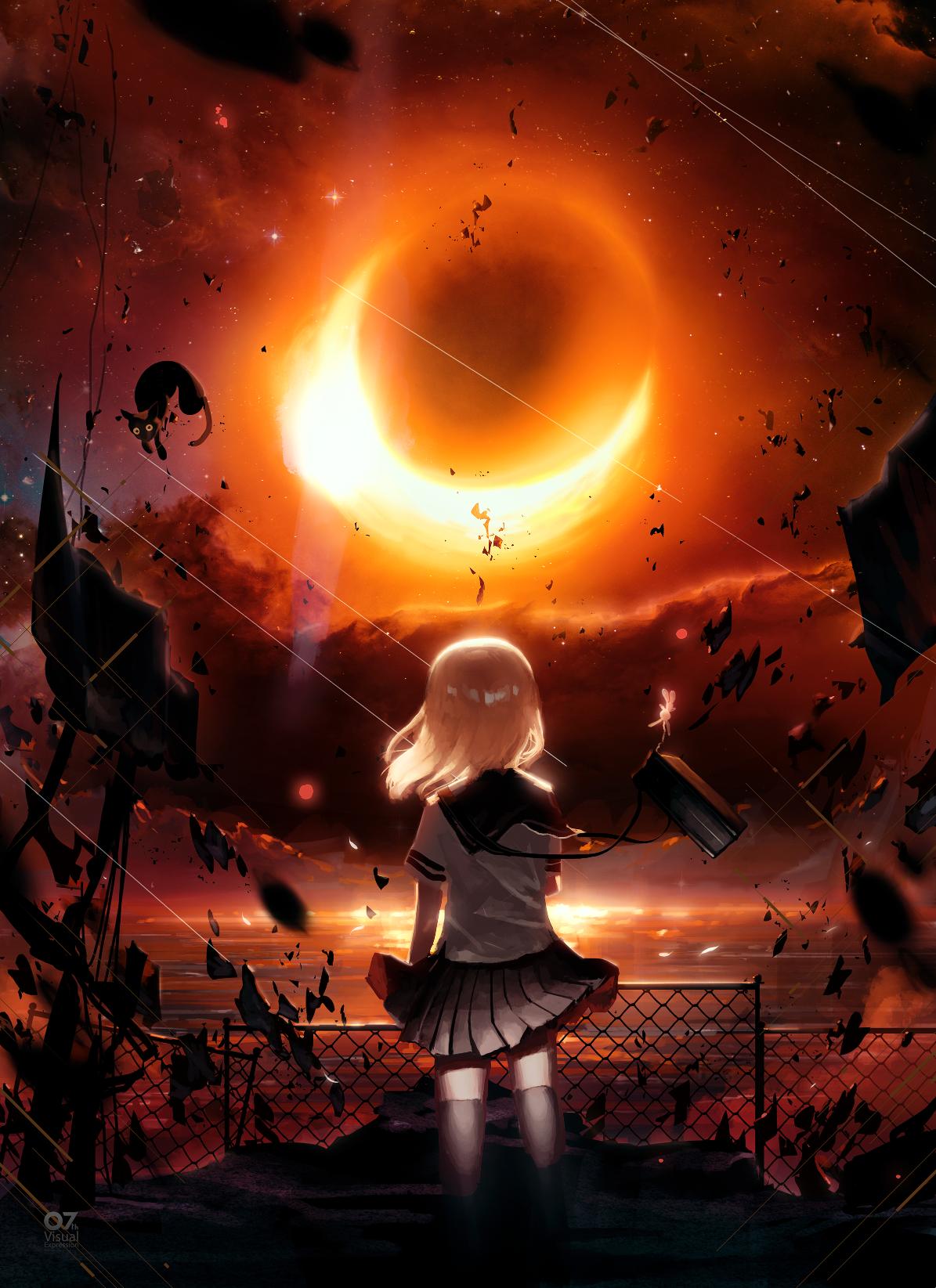 1girl artist_name backlighting bag black_hole blonde_hair blurry_foreground cat chain-link_fence clouds commentary_request costor32 dark facing_away fence floating highres long_hair m87_black_hole original pleated_skirt sailor_collar school_bag school_uniform serafuku shirt short_sleeves skirt sky solo standing star_(sky) starry_sky thigh-highs white_shirt