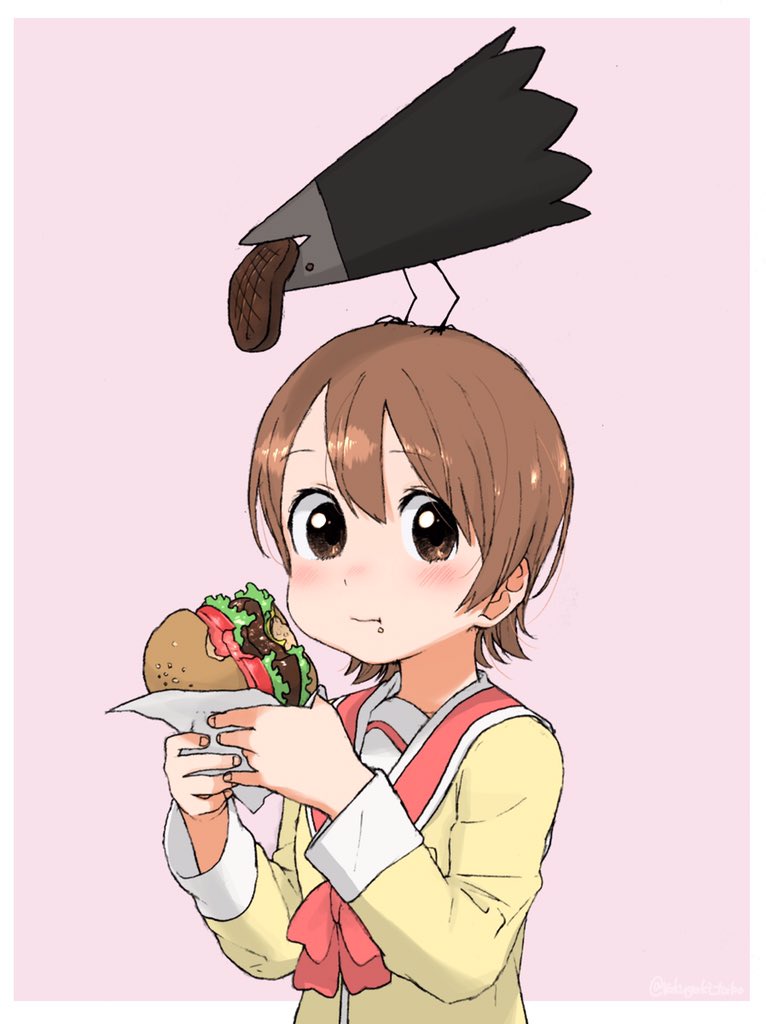 1girl aioi_yuuko animal animal_on_head bangs bird bird_on_head blush brown_eyes brown_hair closed_mouth eating eyebrows_visible_through_hair food food_on_face hair_between_eyes hamburger holding holding_food lettuce looking_at_viewer nichijou on_head school_uniform short_hair simple_background smile solo tokisadame_school_uniform tomato turbo_engine_(rakugaki_tabo) upper_body