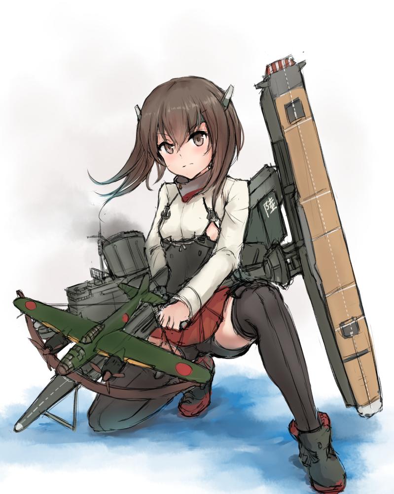 1girl aircraft aircraft_request airplane bike_shorts black_legwear bow_(weapon) brown_eyes brown_hair commentary_request crossbow disconnected_mouth expressionless flight_deck full_body headband headgear k_jie kantai_collection looking_at_viewer machinery pleated_skirt red_skirt short_hair simple_background skirt smoke smokestack solo squatting taihou_(kantai_collection) thigh-highs weapon white_background