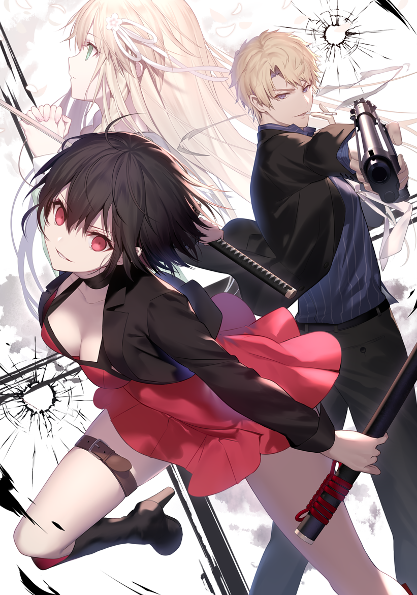 1boy 2girls bangs belt black_choker black_footwear black_hair black_jacket black_pants blazer blonde_hair blue_eyes blue_shirt boots breasts character_request choker cigarette cleavage collarbone commentary_request cropped_jacket dengeki_bunko dress green_eyes gun hair_between_eyes hair_ribbon halterneck handgun high_heel_boots high_heels holding holding_cigarette holding_gun holding_sheath holding_sword holding_weapon interlocked_fingers jacket katana knee_boots leg_belt long_hair long_sleeves looking_at_viewer mad_bullet_underground medium_breasts multiple_girls official_art open_clothes open_jacket own_hands_together pants parted_lips pistol profile red_dress red_eyes ribbon sheath shinooji shirt short_hair sidelocks smile standing striped striped_shirt sword thighs v-shaped_eyebrows weapon wing_collar