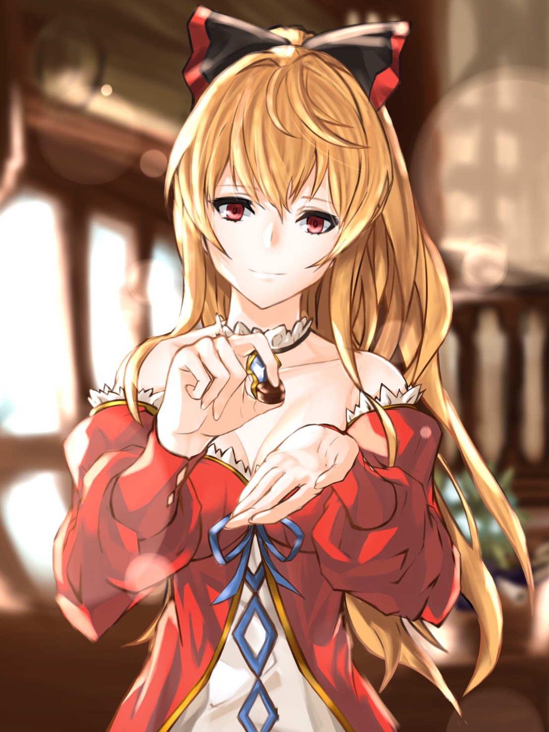 1girl bare_shoulders black_bow blonde_hair bow breasts chocolate cleavage collarbone commentary_request dress empty_eyes granblue_fantasy hair_bow hair_ribbon head_tilt highres holding_chocolate long_hair looking_at_viewer medium_breasts nabeji_(wata_nb) ponytail red_dress red_eyes ribbon smile solo upper_body valentine vira_lilie