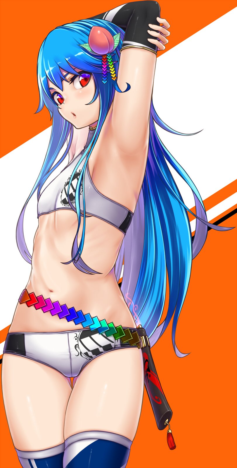 1girl adapted_costume armpit_crease armpits arms_up bangs blue_hair blush breasts buruma commentary cowboy_shot crop_top detached_sleeves food fruit gluteal_fold haiiro_gundan hair_fruit highres hinanawi_tenshi leaf long_hair looking_at_viewer midriff navel no_hat no_headwear orange_background parted_lips peach racequeen red_eyes ribs sidelocks skindentation small_breasts solo standing stomach thigh-highs thigh_gap thighs touhou twisted_torso two-tone_background very_long_hair white_background