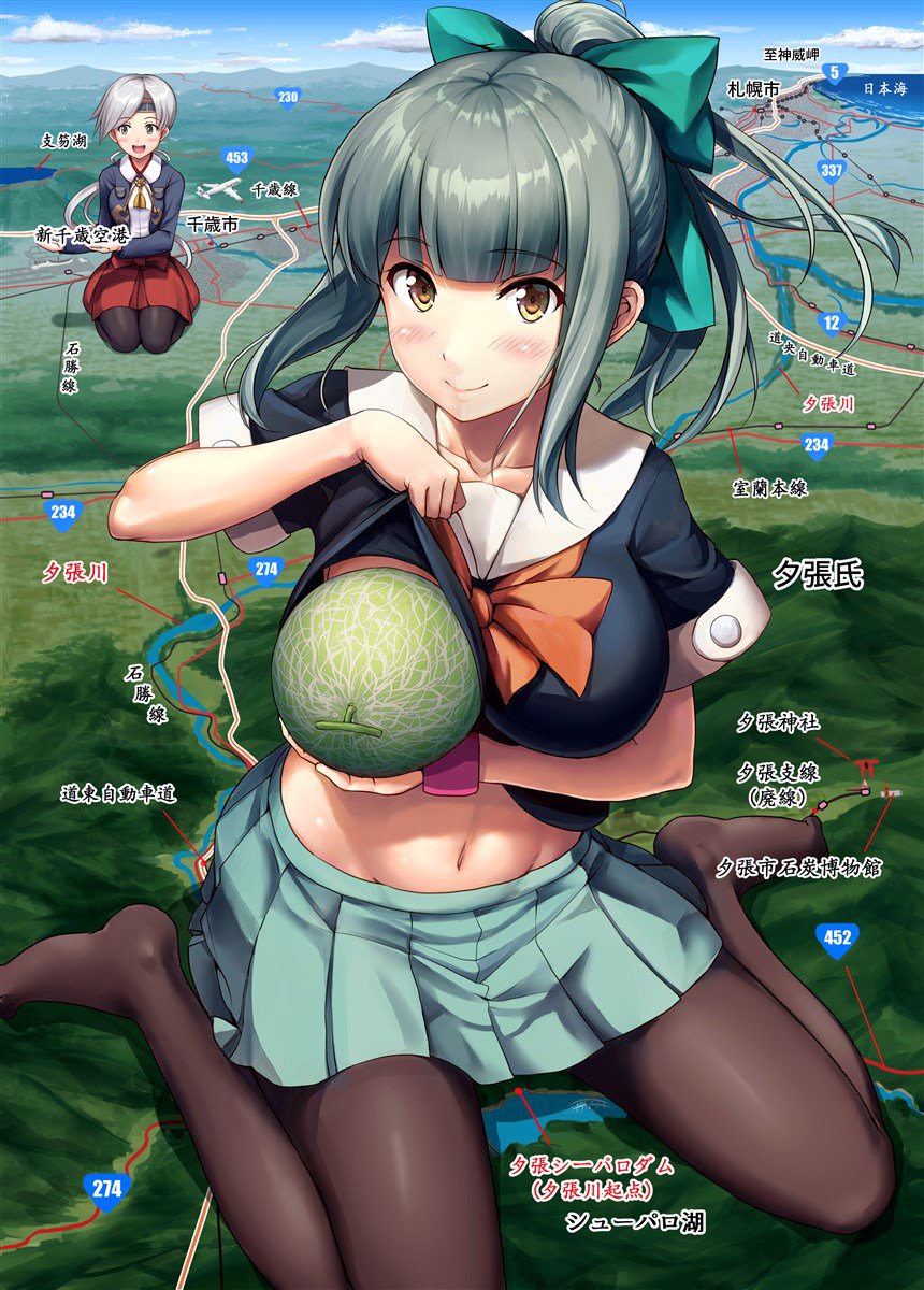 2girls aircraft airplane bangs black_legwear blue_sky blush bow bowtie breasts brown_legwear cantaloupe chitose_(kantai_collection) closed_mouth clouds collarbone commentary_request day eyebrows_visible_through_hair food fruit green_hair green_skirt grey_hair hair_between_eyes hair_bow hair_ribbon headband highres holding holding_food holding_fruit ichikawa_feesu kantai_collection long_hair looking_at_viewer map melon mountain multiple_girls navel ocean open_mouth outdoors pantyhose pleated_skirt ponytail ribbon river seiza shirt_lift short_sleeves sidelocks sitting skirt sky small_breasts smile translation_request yellow_eyes yuubari_(kantai_collection)