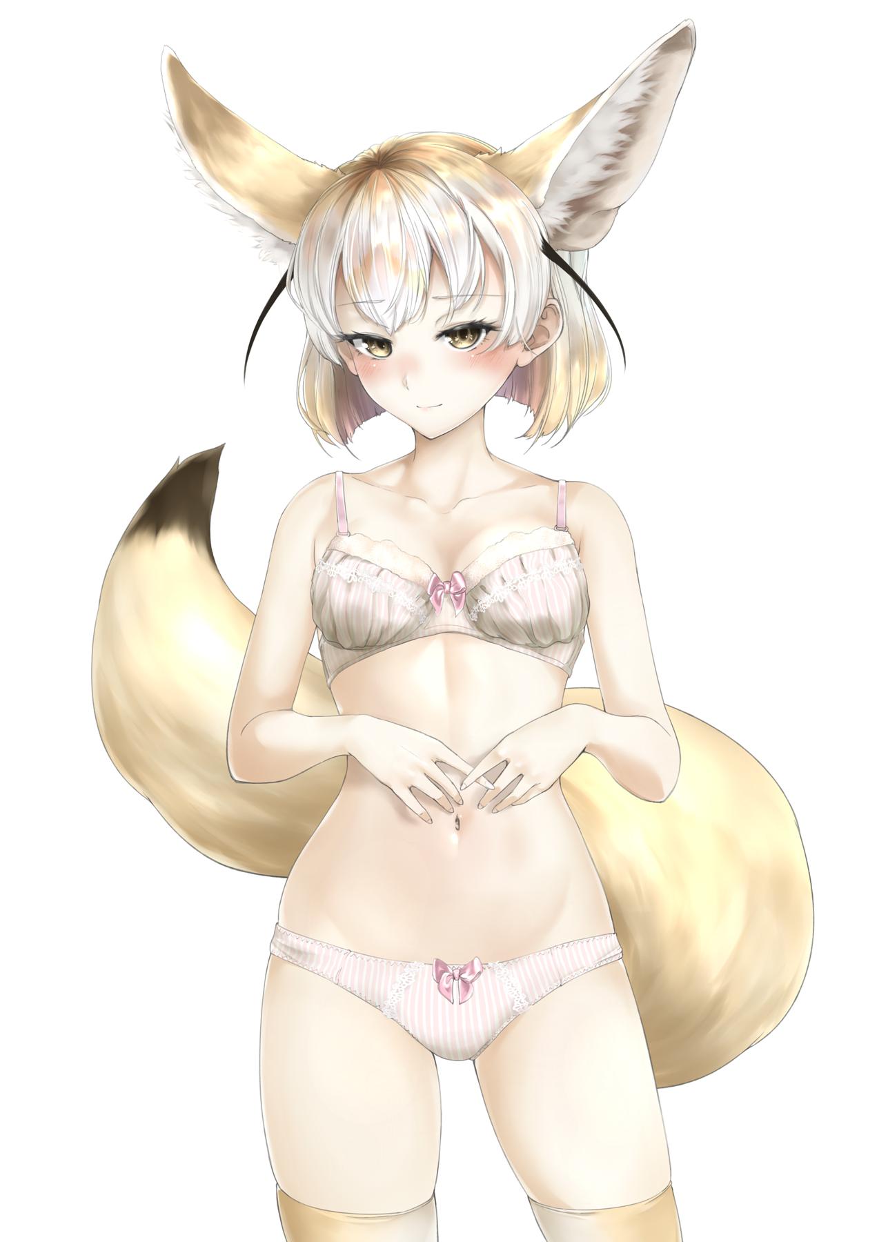 1girl animal_ear_fluff animal_ears blonde_hair blush bow bow_bra bow_panties bra breasts cleavage commentary_request cowboy_shot extra_ears eyebrows_visible_through_hair fennec_(kemono_friends) fox_ears fox_tail gradient_hair highres kemono_friends light_smile looking_at_viewer medium_breasts multicolored_hair navel p_rosu panties short_hair simple_background solo stomach tail thigh-highs underwear underwear_only white_background white_hair yellow_eyes yellow_legwear