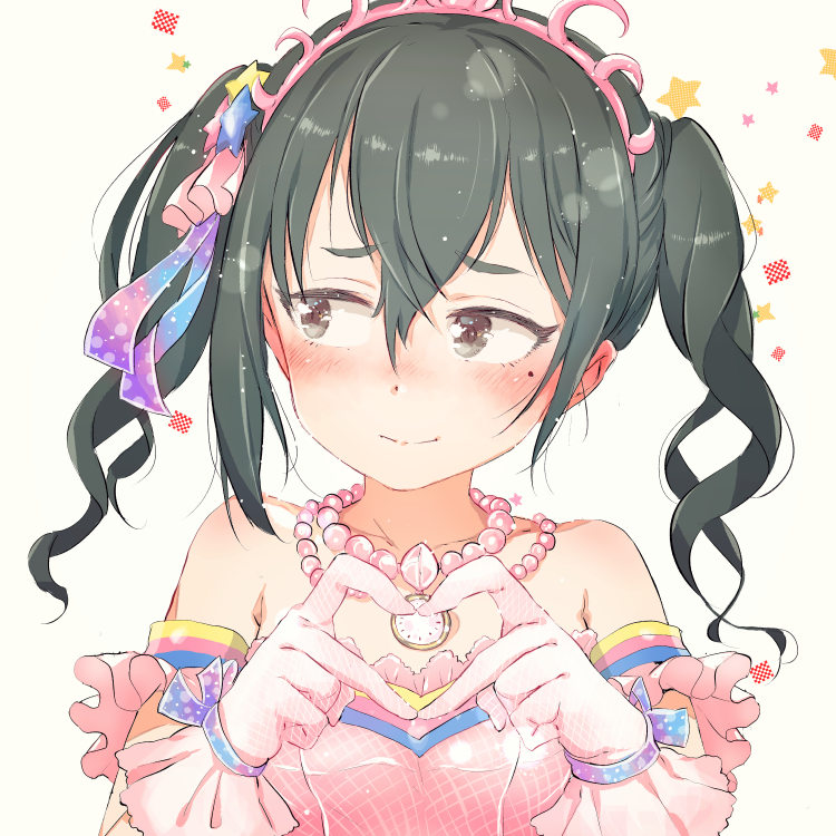 1girl bangs bare_shoulders black_hair blush brown_eyes closed_mouth collarbone dress eyebrows_visible_through_hair gloves gomennasai grey_background hair_between_eyes hair_ornament hands_up heart heart_hands idolmaster idolmaster_cinderella_girls jewelry looking_away looking_to_the_side mole mole_under_eye necklace nose_blush pearl_necklace pink_dress pink_gloves simple_background solo star star_hair_ornament strapless strapless_dress sunazuka_akira tiara twintails