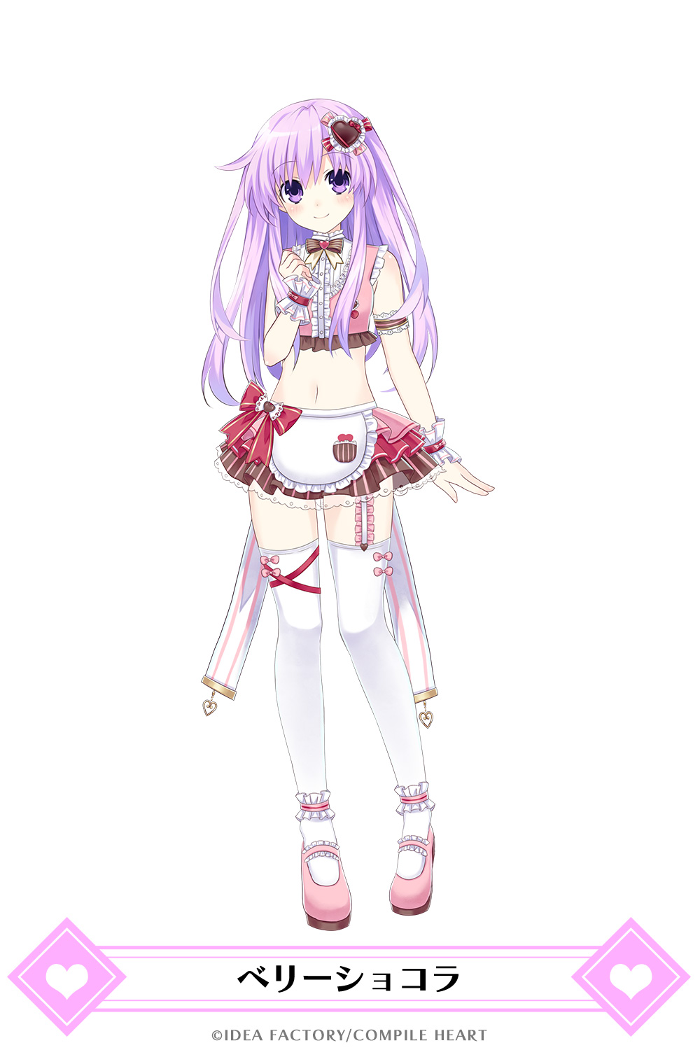 1girl alternate_costume blush breasts frills game_cg garter_straps hair_ornament heart heart_hair_ornament highres long_hair looking_at_viewer maid mainichi_compile_heart navel nepgear neptune_(series) official_art purple_hair smile solo thigh-highs translated tsunako violet_eyes white_background