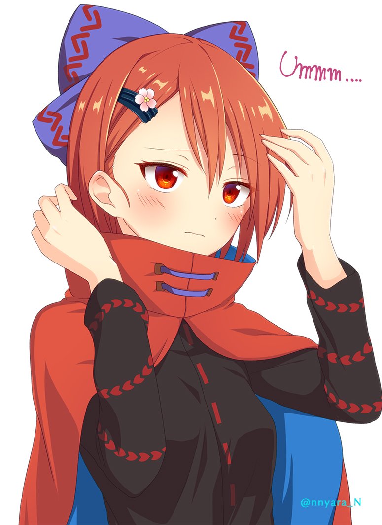 1girl artist_name bangs black_shirt blue_bow blush bow breasts cape commentary_request eyebrows_visible_through_hair flower hair_between_eyes hair_bow hair_flower hair_ornament hairclip hands_up high_collar long_sleeves nnyara pink_flower red_cape red_eyes redhead sekibanki shirt short_hair simple_background small_breasts solo touhou twitter_username upper_body white_background