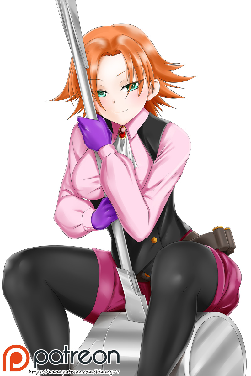 1girl alfred_cullado black_legwear blush collared_shirt cosplay dress_shirt eyebrows_visible_through_hair gloves green_eyes hair_between_eyes hammer highres holding holding_weapon legwear_under_shorts looking_at_viewer nora_valkyrie okumura_haru okumura_haru_(cosplay) orange_hair pantyhose patreon_logo persona persona_5 pink_shirt purple_gloves red_shorts rwby shirt short_hair short_shorts shorts simple_background sitting smile solo watermark weapon white_background white_neckwear wing_collar