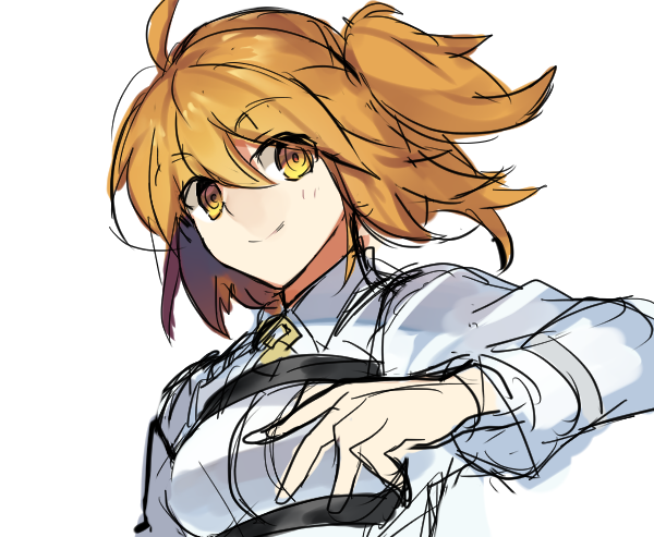 1girl ahoge blonde_hair chaldea_uniform fate/grand_order fate_(series) fujimaru_ritsuka_(female) hair_between_eyes looking_at_viewer nikame side_ponytail sketch smile solo white_background yellow_eyes