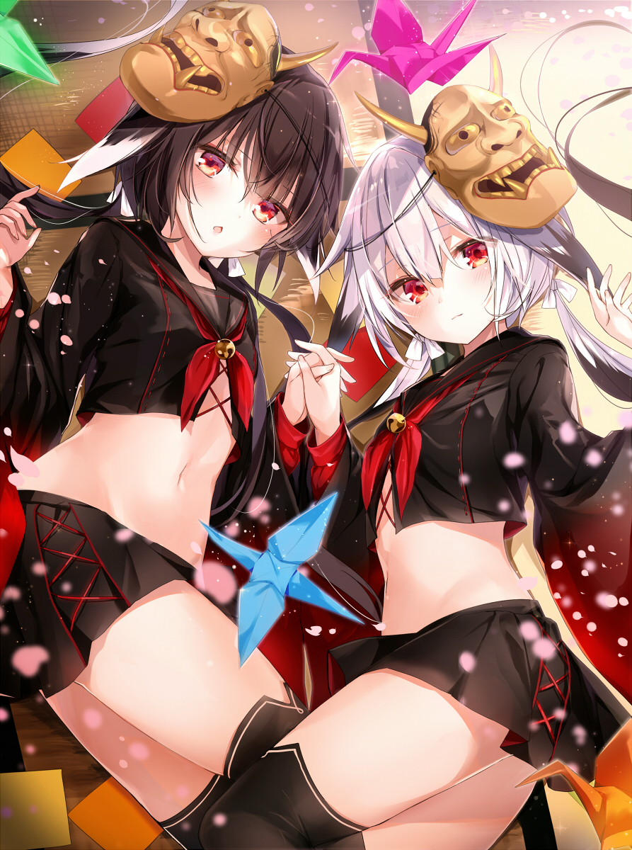 2girls :o bangs bell black_hair black_legwear black_sailor_collar black_serafuku black_shirt black_skirt blurry blush bokeh closed_mouth commentary_request cowboy_shot crop_top depth_of_field emia_(castilla) flat_chest floating_hair groin hair_between_eyes hair_ribbon hand_holding hand_up head_tilt highres horns jingle_bell light_particles long_hair long_sleeves looking_at_viewer low_twintails mask mask_on_head midriff miniskirt multicolored_hair multiple_girls navel neckerchief oni_mask origami original paper paper_crane parted_lips petals pleated_skirt red_eyes red_neckwear ribbon sailor_collar school_uniform serafuku shirt skirt standing stomach streaked_hair thigh-highs thighs twintails two-tone_hair white_hair wide_sleeves zettai_ryouiki