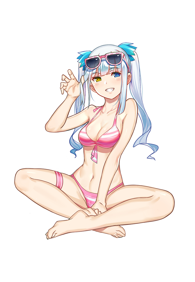 1girl :d bangs bare_arms bare_legs bare_shoulders barefoot bikini blue_eyes blue_hair blunt_bangs blush breasts claw_pose cleavage collarbone eyebrows_visible_through_hair eyewear_on_head fang_xue_jun full_body grin hair_ornament heterochromia indian_style kagura_mea kagura_mea_channel long_hair looking_at_viewer medium_breasts navel open_mouth pink-framed_eyewear pink_bikini shiny shiny_hair sidelocks sitting smile solo stomach striped striped_bikini sunglasses swimsuit teeth thigh_strap twintails virtual_youtuber yellow_eyes