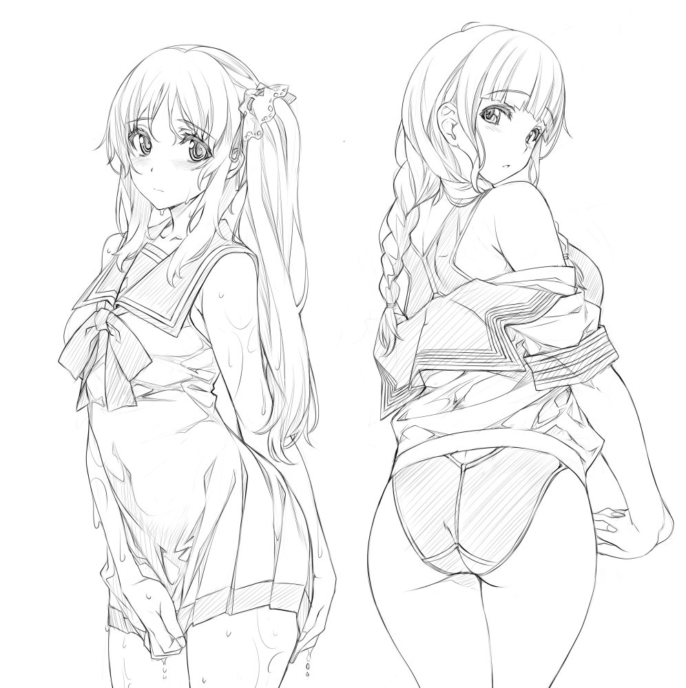 2girls ass blush braid commentary_request company_connection competition_swimsuit covered_navel covering covering_crotch crossover dress hair_ribbon hanasaku_iroha hiradaira_chisaki looking_at_viewer looking_back monochrome multiple_girls nagayori nagi_no_asukara one-piece_swimsuit oshimizu_nako p.a._works ribbon sailor_dress school_uniform side_ponytail sidelocks sketch swimsuit swimsuit_under_clothes twin_braids wet