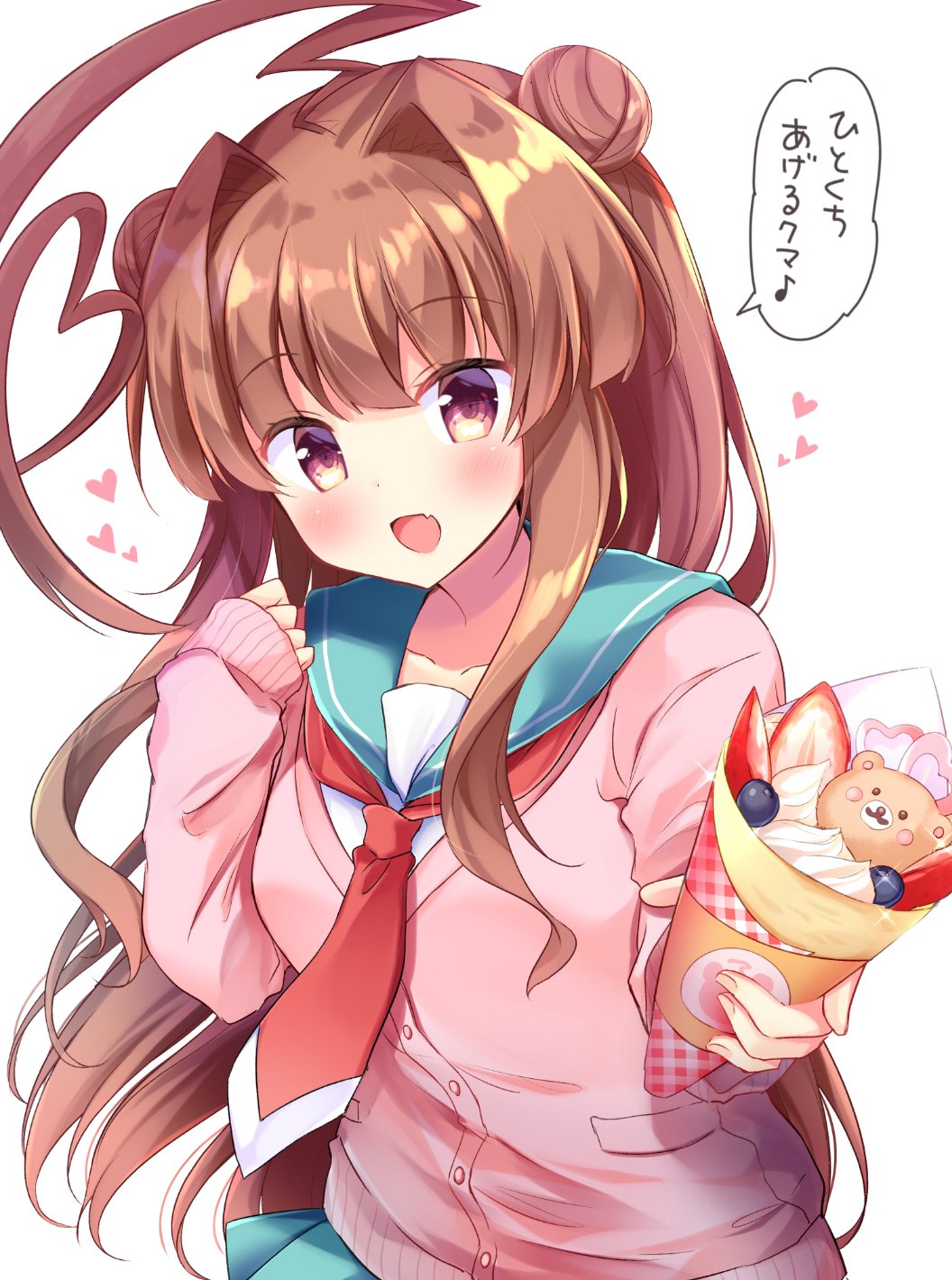 1girl ahoge aqua_sailor_collar aqua_skirt brown_eyes brown_hair cardigan commentary_request cowboy_shot crepe double_bun fang food hair_bun heart highres huge_ahoge kantai_collection kuma_(kantai_collection) looking_at_viewer masayo_(gin_no_ame) open_mouth pink_cardigan pleated_skirt school_uniform serafuku skin_fang skirt smile solo translation_request white_background