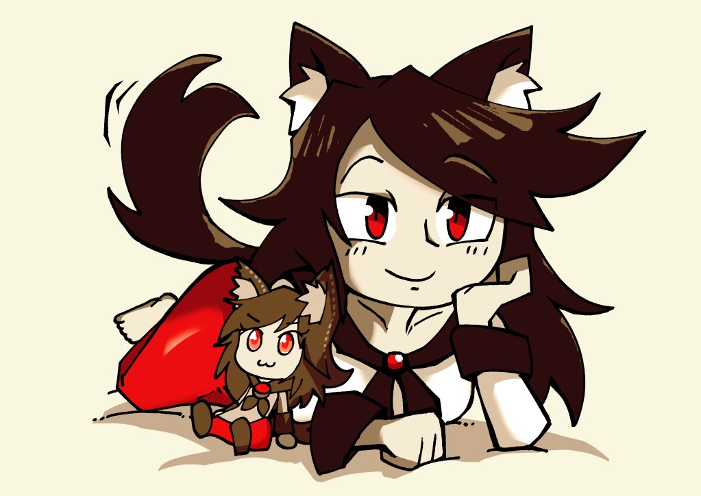 1girl animal_ears barefoot brooch brown_hair collarbone doll double_dealing_character dress head_on_hand imaizumi_kagerou jewelry long_hair long_sleeves looking_at_viewer lying monster_girl on_stomach red_eyes setz smile solo tail tail_wagging touhou werewolf wide_sleeves wolf_ears wolf_tail