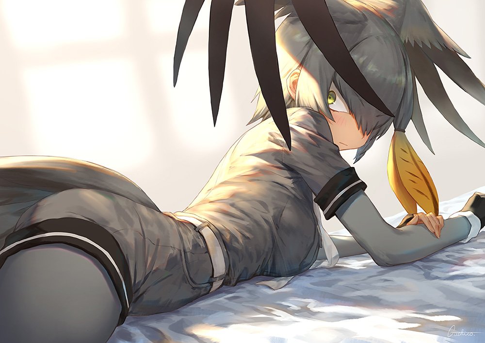 1girl :| bangs belt bird_tail blonde_hair bodystocking closed_mouth commentary_request eyebrows_visible_through_hair green_eyes grey_hair grey_shirt guchico hair_between_eyes head_wings kemono_friends looking_at_viewer lying multicolored_hair necktie on_stomach shirt shoebill_(kemono_friends) short_sleeves side_ponytail solo v-shaped_eyebrows white_belt white_neckwear