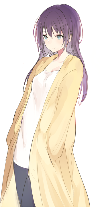 1girl bangs black_legwear blue_eyes blush breasts brown_hair cleavage closed_mouth collarbone dress eyebrows_visible_through_hair hair_between_eyes jacket long_hair looking_away lpip open_clothes open_jacket original pantyhose small_breasts smile solo white_dress yellow_jacket