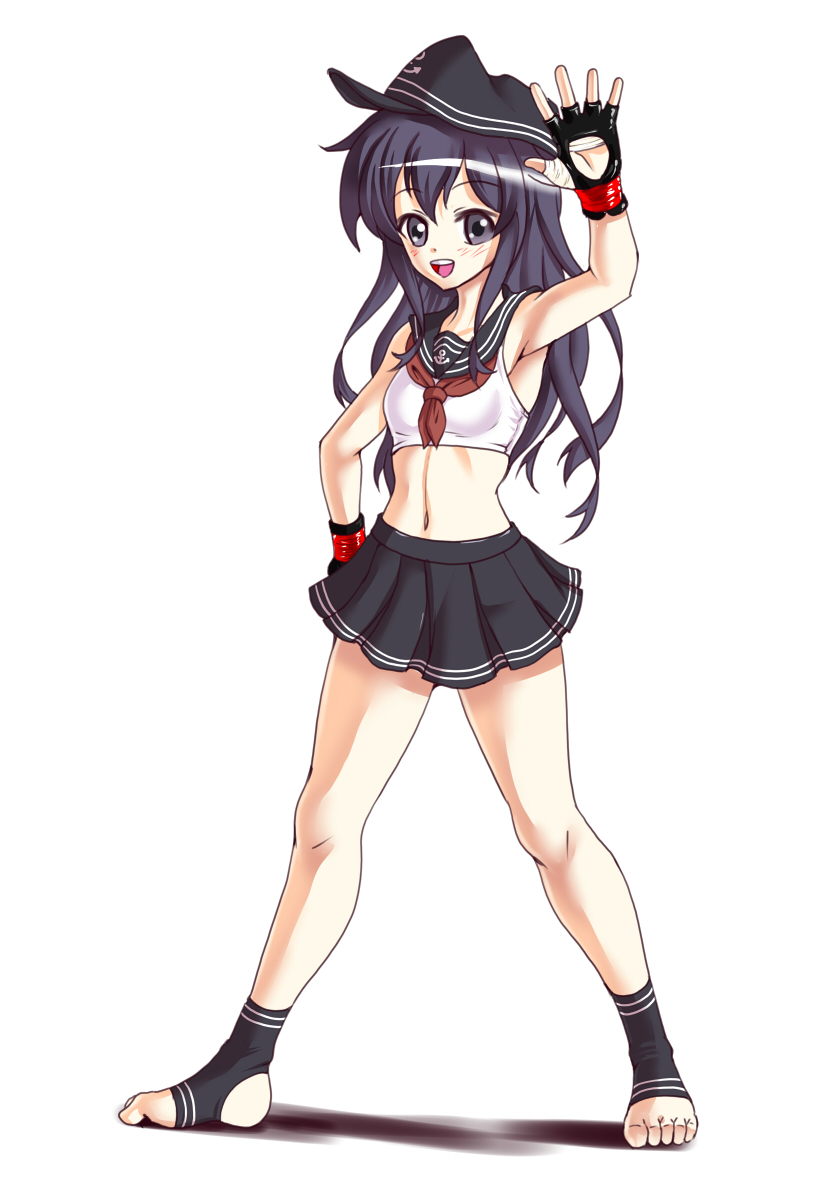 1girl adapted_uniform akatsuki_(kantai_collection) eyebrows_visible_through_hair fingerless_gloves gloves kantai_collection long_hair looking_at_viewer midriff mixed_martial_arts mma_gloves navel purple_hair rigid simple_background solo sports_bra white_background