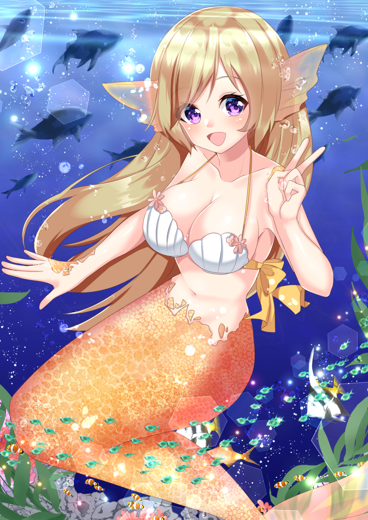 1girl :d animal bare_arms bare_shoulders bikini_top blush breasts brown_hair cleavage collarbone commentary_request day fish flower hand_up head_fins large_breasts long_hair mermaid misaki_(misaki86) monster_girl navel open_mouth original outdoors pink_flower scales smile solo underwater v very_long_hair violet_eyes water white_bikini_top