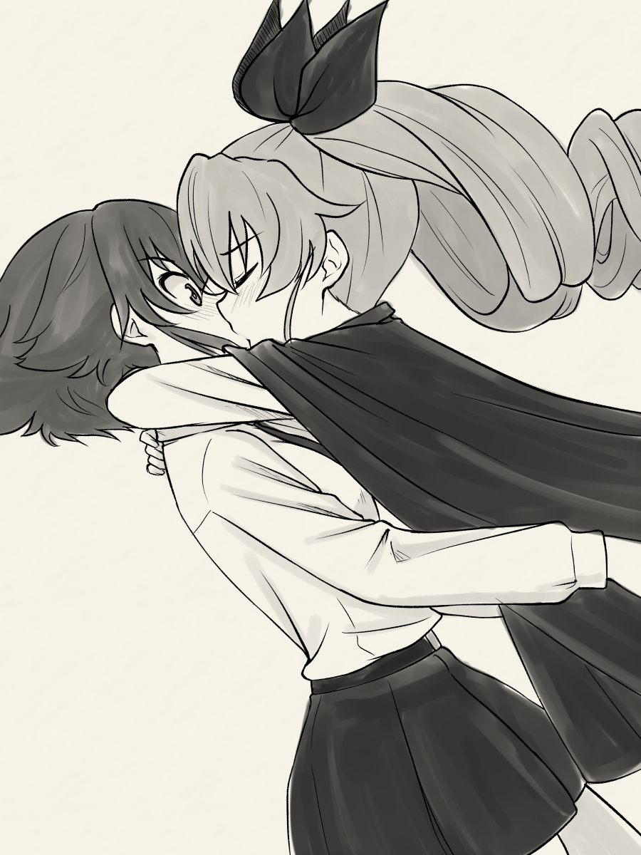 2girls anchovy anzio_school_uniform blush cape closed_eyes drill_hair eyebrows eyebrows_visible_through_hair girls_und_panzer grey_background hair_ornament hair_ribbon highres hug kiss medium_hair monochrome monochrome_background multiple_girls pepperoni_(girls_und_panzer) ribbon ruka_(piyopiyopu) school_uniform short_hair simple_background skirt yuri