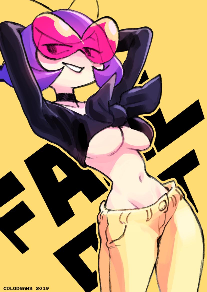 1girl antennae arms_up black_choker black_torch breasts casual character_name choker cleavage colo_(nagrolaz) commentary crop_top english_commentary fallout_(black_torch) front-tie_top glasses large_breasts navel no_bra pants pince-nez pink-tinted_eyewear purple_hair short_hair slender_waist solo sunglasses under_boob