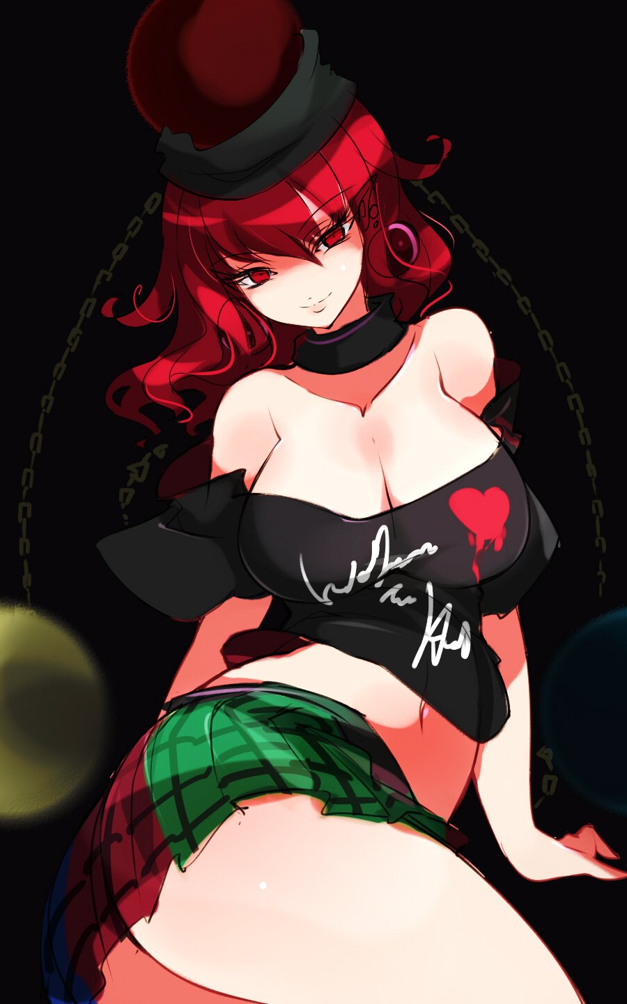 1girl ass bangs bare_shoulders black_background black_choker black_shirt breasts chains choker cleavage clothes_writing commentary_request cowboy_shot crop_top earrings earth_(ornament) eyebrows_visible_through_hair green_skirt hair_between_eyes heart hecatia_lapislazuli highres jewelry large_breasts long_hair looking_at_viewer midriff miniskirt moon_(ornament) navel no_nose off-shoulder_shirt off_shoulder plaid plaid_skirt pleated_skirt polos_crown raptor7 red_eyes red_skirt redhead shirt short_sleeves simple_background skirt smile solo stomach t-shirt thighs touhou