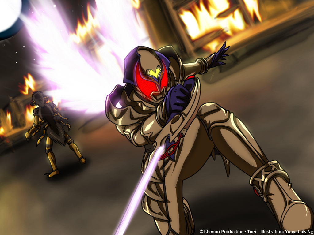 1girl armor belt breasts commentary creature energy_wings fire glowing glowing_eyes glowing_sword glowing_weapon helmet holding holding_sword holding_weapon kamen_rider kamen_rider_dcd kamen_rider_kivala medium_breasts monster red_eyes sword weapon wings yuuyatails