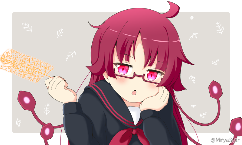 1girl bangs black_sailor_collar black_shirt blush chestnut_mouth eyebrows_visible_through_hair glasses grey_background hands_up holding kemurikusa kemurikusa_(object) long_hair long_sleeves miicha neckerchief parted_lips pink_eyes red-framed_eyewear red_neckwear redhead ryouku_(kemurikusa) sailor_collar semi-rimless_eyewear shirt solo twitter_username two-tone_background under-rim_eyewear upper_body white_background