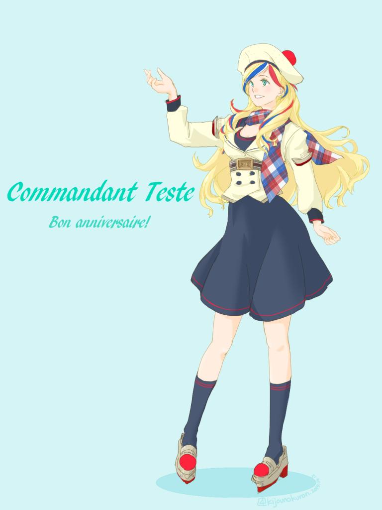 1girl anchor_hair_ornament bangs beret black_legwear blonde_hair blue_hair character_name commandant_teste_(kantai_collection) commentary_request double-breasted dress french_text full_body hair_ornament hat iksa_(kijounokuron) jacket kantai_collection long_hair multicolored multicolored_clothes multicolored_hair multicolored_scarf plaid plaid_scarf platform_footwear pom_pom_(clothes) ponytail redhead scarf socks solo standing streaked_hair swept_bangs wavy_hair white_hair