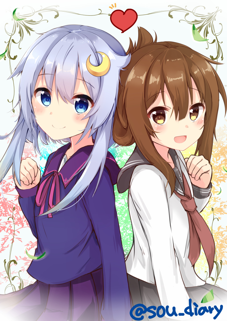 2girls :d arm_at_side black_sailor_collar black_skirt blue_shirt blush brown_eyes brown_hair clenched_hand closed_mouth commentary_request cowboy_shot crescent crescent_hair_ornament folded_ponytail from_side hair_between_eyes hair_ornament heart inazuma_(kantai_collection) kantai_collection long_hair long_sleeves looking_at_viewer looking_to_the_side multicolored multicolored_background multiple_girls neckerchief open_mouth pink_ribbon pleated_skirt purple_skirt red_neckwear ribbon sailor_collar school_uniform serafuku shirt short_hair_with_long_locks sidelocks skirt smile sou_(soutennkouchi) tareme twitter_username white_shirt yayoi_(kantai_collection)
