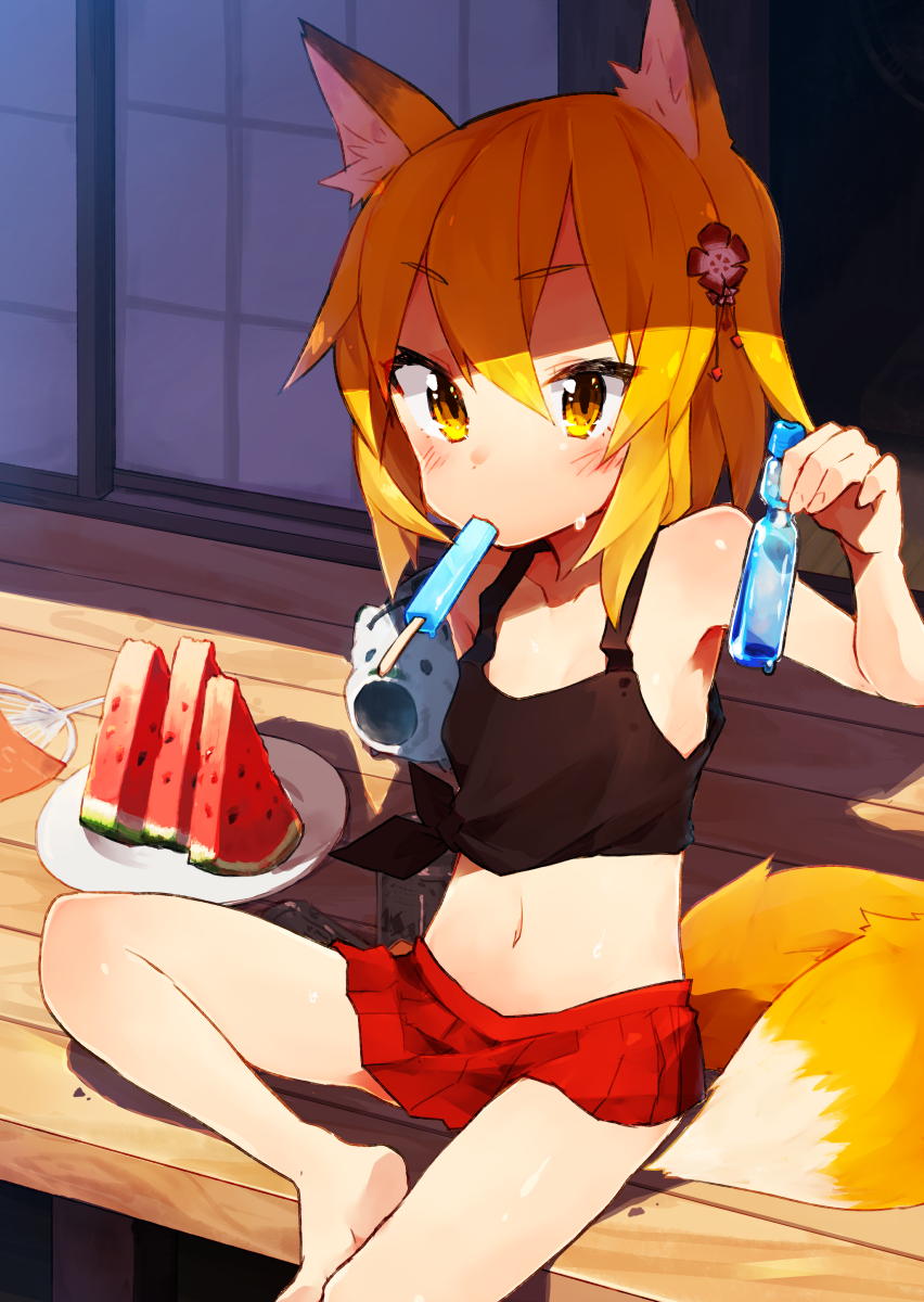 1girl animal_ears bangs bare_legs bare_shoulders barefoot black_tank_top blonde_hair bottle collarbone commentary_request day eyebrows_visible_through_hair food food_in_mouth fox_ears fox_girl fox_tail fruit hair_between_eyes hair_ornament highres kayari_buta looking_at_viewer multiple_girls navel original outdoors plate ramune red_skirt rimukoro senko_(sewayaki_kitsune_no_senko-san) sewayaki_kitsune_no_senko-san shirt short_hair shouji sitting skirt sliding_doors solo tail tank_top tied_shirt veranda watermelon yellow_eyes