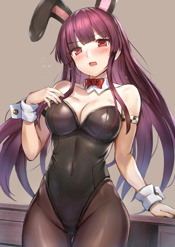 1girl animal_ears armband bangs black_leotard blush breasts brown_legwear cleavage collarbone covered_navel cowboy_shot desk detached_collar detached_sleeves eyebrows_visible_through_hair fake_animal_ears girls_frontline hair_ribbon half_updo hand_up head_tilt large_breasts leotard long_hair looking_at_viewer one_side_up open_mouth pantyhose purple_hair qian_wu_atai rabbit_ears red_eyes ribbon sidelocks solo very_long_hair wa2000_(girls_frontline) wrist_cuffs