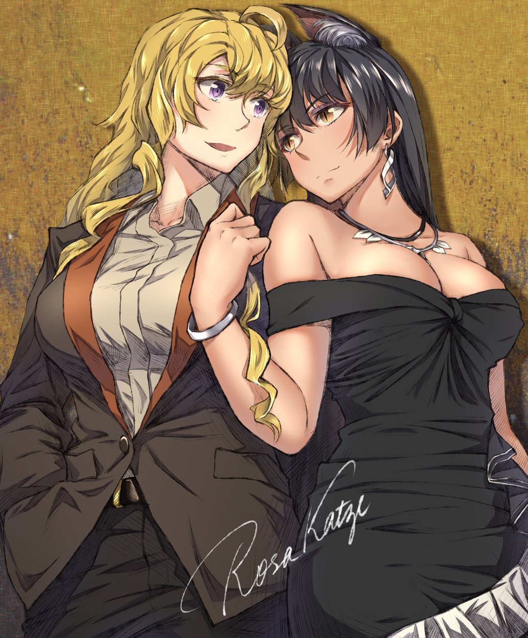 2girls :d ahoge animal_ear_fluff animal_ears artist_name bangle bangs bare_shoulders belt black_belt black_dress black_hair black_jacket blake_belladonna blonde_hair blush bracelet breasts cat_ears cleavage commentary cowboy_shot dancing dress earrings eyebrows_visible_through_hair formal grey_shirt hair_between_eyes hand_in_pocket head_tilt highres jacket jewelry large_breasts long_hair looking_at_another multiple_girls necklace off-shoulder_dress off_shoulder open_mouth rosa_katze rwby shirt signature slit_pupils smile suit violet_eyes wing_collar yang_xiao_long yellow_eyes yuri