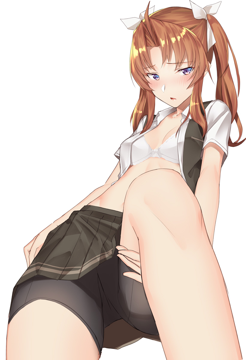 1girl ahoge bangs bike_shorts blush bra breasts brown_hair eyebrows_visible_through_hair hair_ribbon highres kagerou_(kantai_collection) kantai_collection long_hair looking_at_viewer open_clothes open_mouth open_shirt open_vest pallad pleated_skirt remodel_(kantai_collection) ribbon school_uniform shirt short_sleeves shorts shorts_under_skirt sidelocks simple_background skirt twintails underwear vest violet_eyes white_background white_bra white_ribbon white_shirt