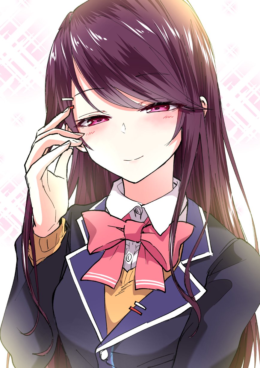 1girl bangs black_jacket blush bow bowtie breasts brown_hair collar commentary_request eyebrows_visible_through_hair hair_ornament hairclip half-closed_eyes hand_in_hair highres jacket long_hair long_sleeves looking_at_viewer medium_breasts multicolored multicolored_background nijisanji pink_background raised_eyebrow red_bow red_eyes red_neckwear rikosyegou school_uniform smile solo sweater tsukino_mito upper_body white_background white_collar
